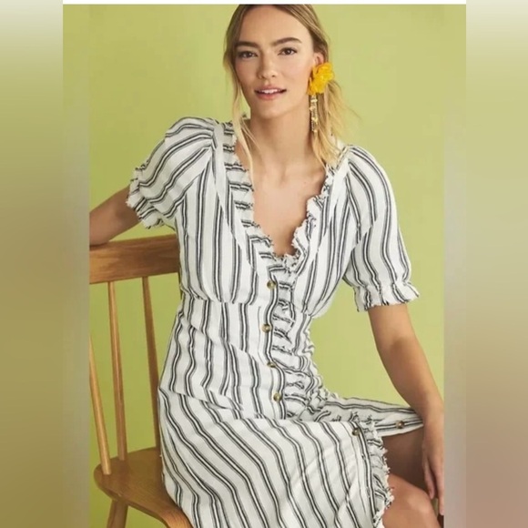 PILCRO- ANTHROPOLOGIE Blue  Ruffle-Collar Buttondown Dress - Picture 7 of 8